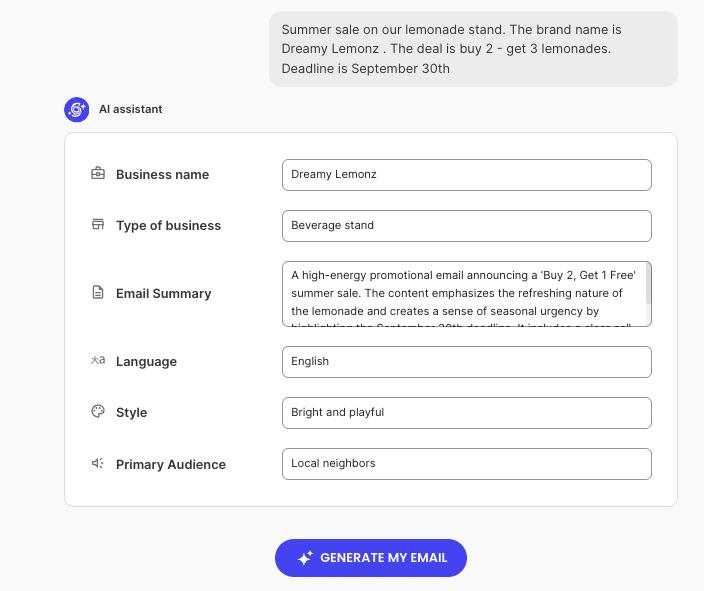 AI assistant email generator form filled out for a lemonade stand promotion, showing fields for business name, business type, email summary, language, style, and audience, with a Generate My Email button.