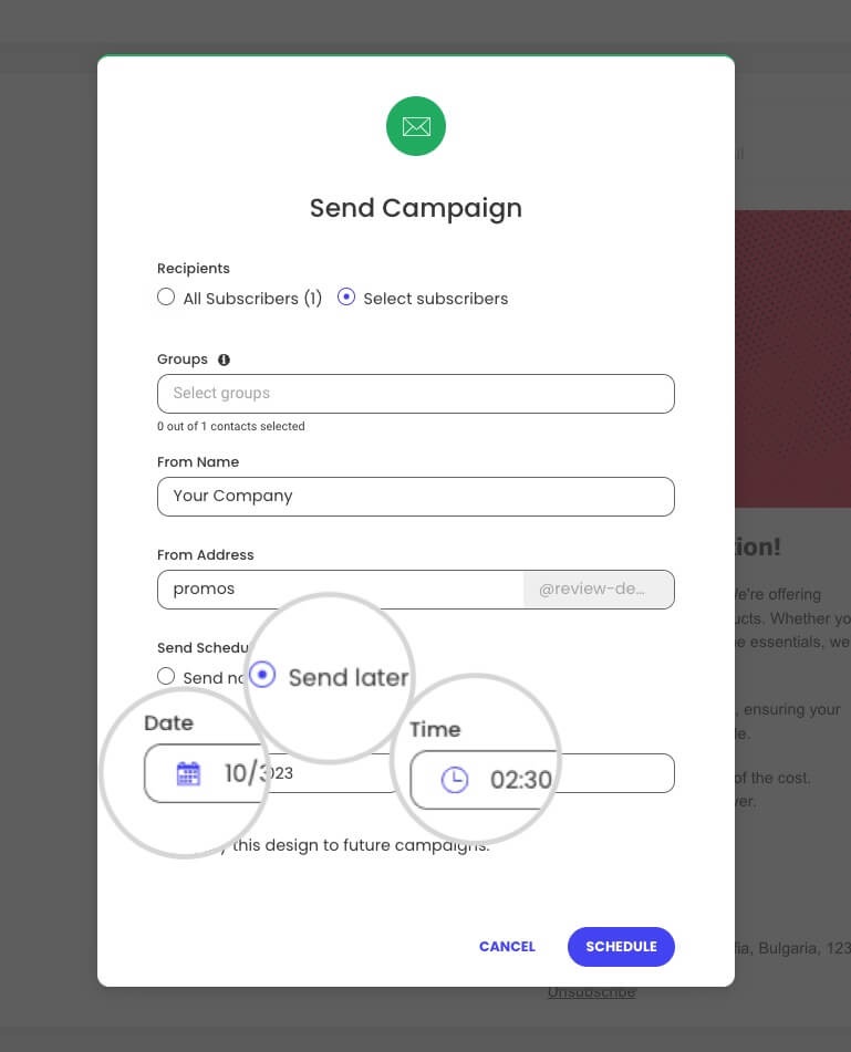 Send Campaign modal in SiteGround Email Marketing showing recipient selection, sender name and address fields, and a highlighted Send Later scheduling option with date and time pickers.