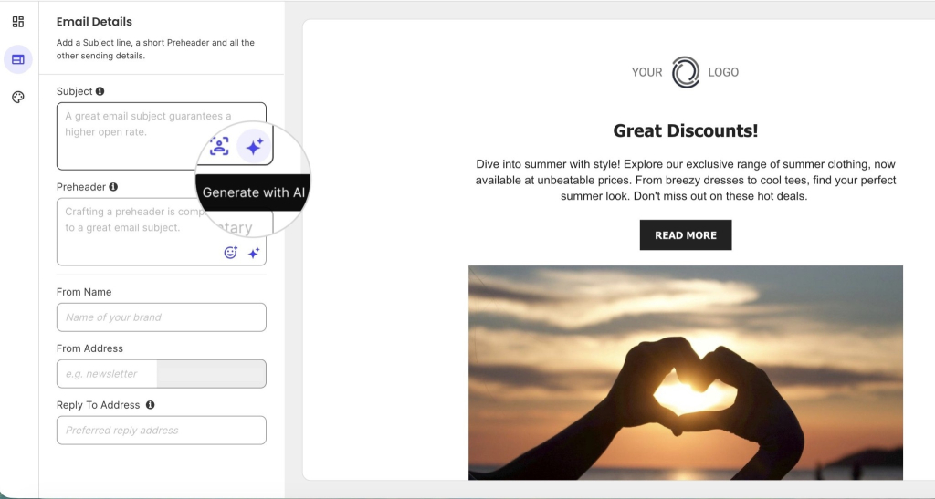 SiteGround Email Marketing editor showing the Generate with AI button next to the subject line and preheader fields