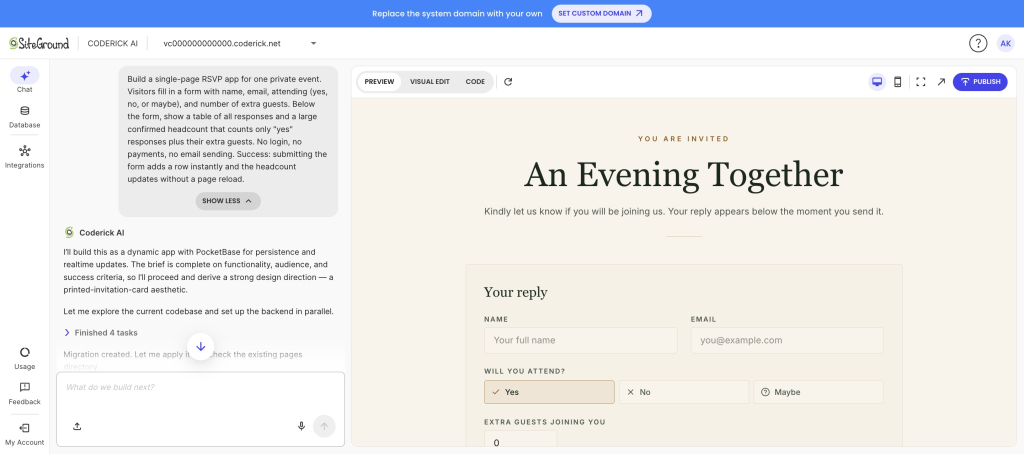 Coderick AI generating an RSVP web app from a natural language prompt with a live preview.