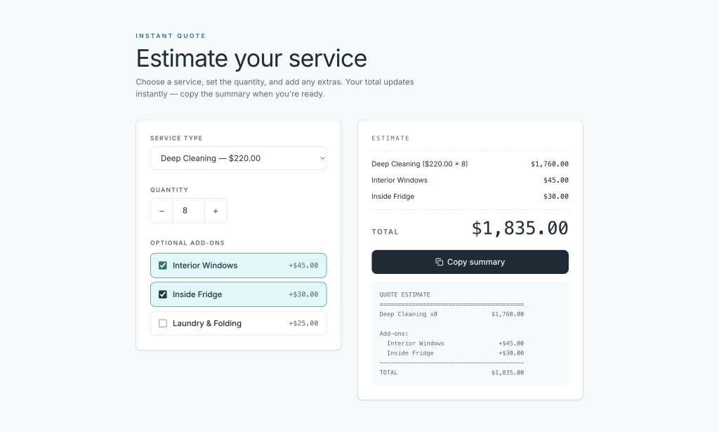 Web app quote calculator with service selection, optional add-ons, quantity controls, and an automatically calculated total.