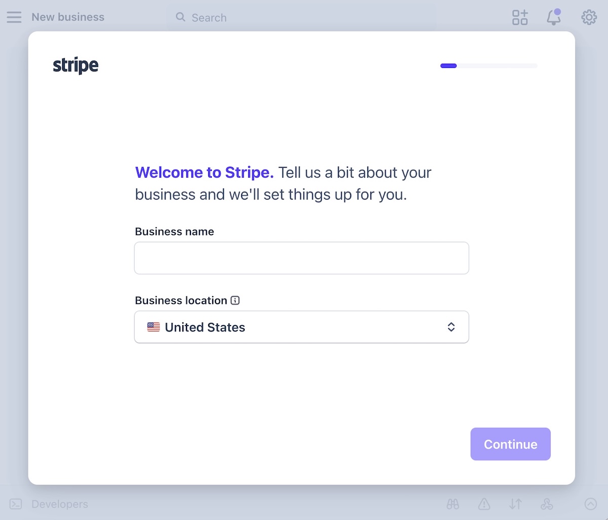 Welcome page form during stripe account set up