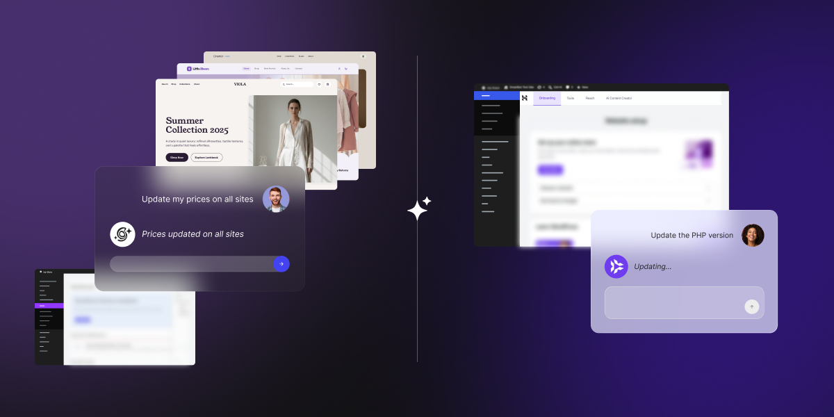 Comparison graphic showing AI agent prompts for updating e-commerce prices across multiple sites on the left and updating the PHP version on the right.