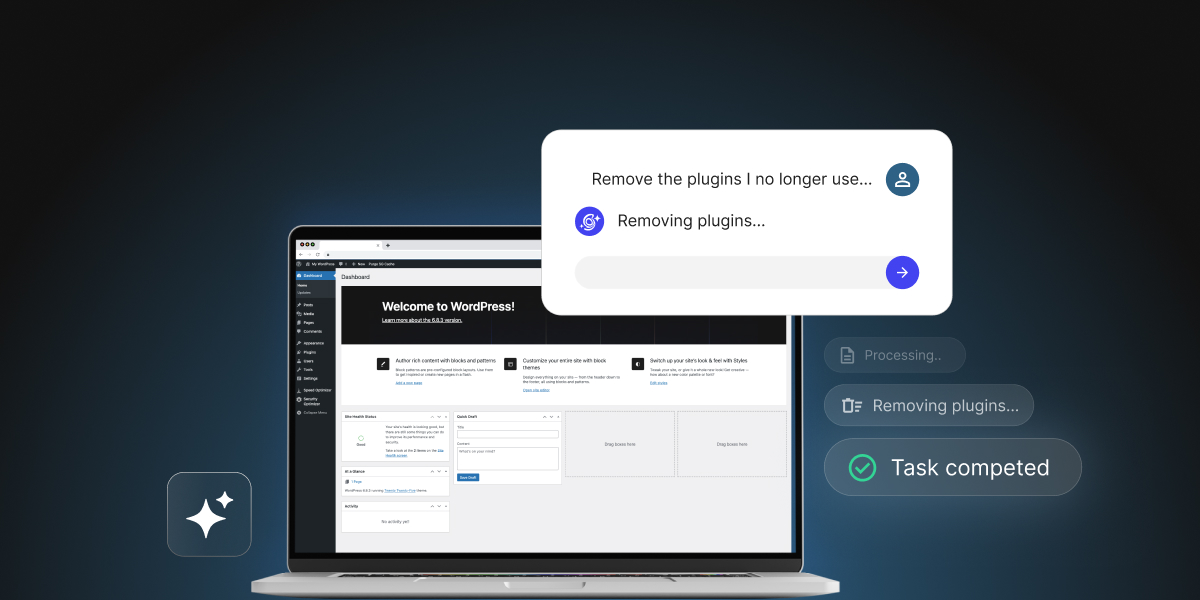 Conceptual graphic of a laptop displaying a WordPress dashboard with an AI chat overlay processing a request to remove unused plugins.