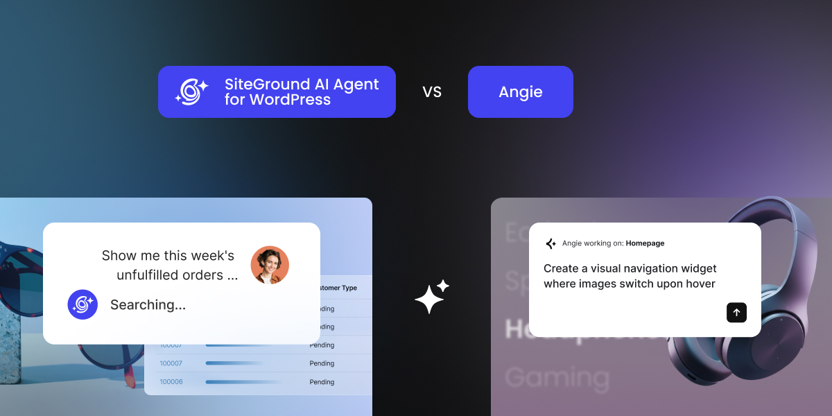 An infographic comparing the SiteGround AI Agent for WordPress on the left with an AI assistant named Angie on the right.