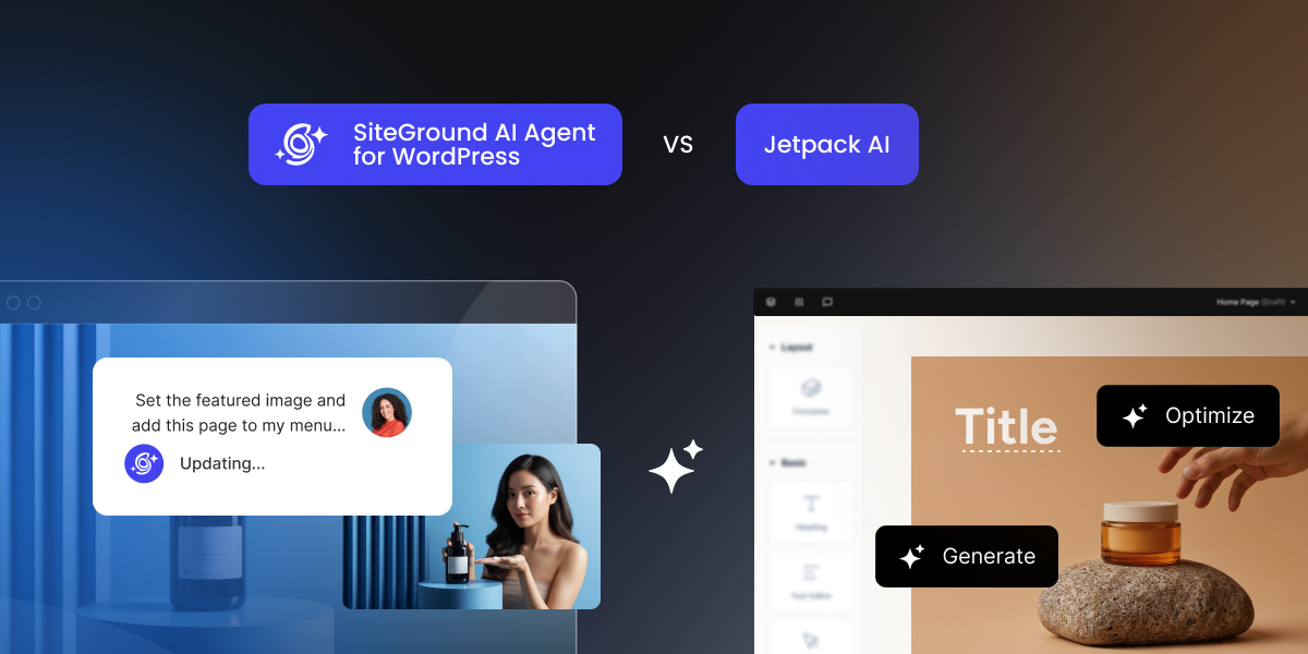 A comparison graphic between SiteGround AI Agent for WordPress and Jetpack AI, displaying interface examples for both tools. JPG