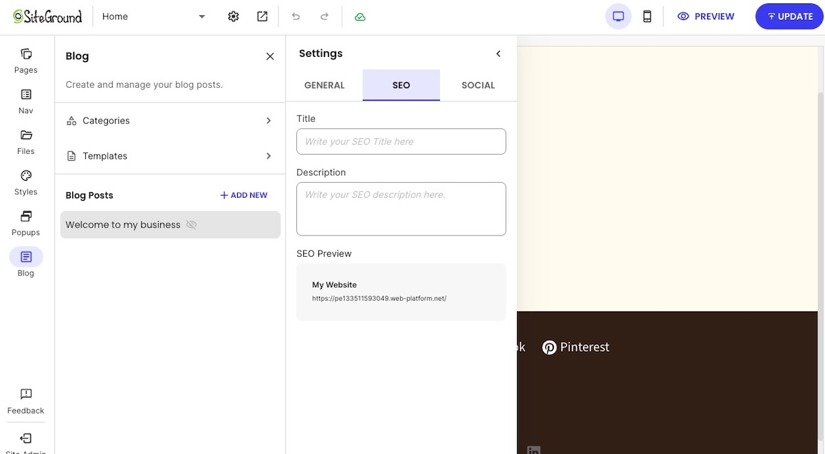 Adding SEO title and description to a blog post in a website builder