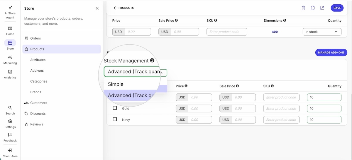 Adding stock tracking and skus to prodcut add ons in ecommerce backend
