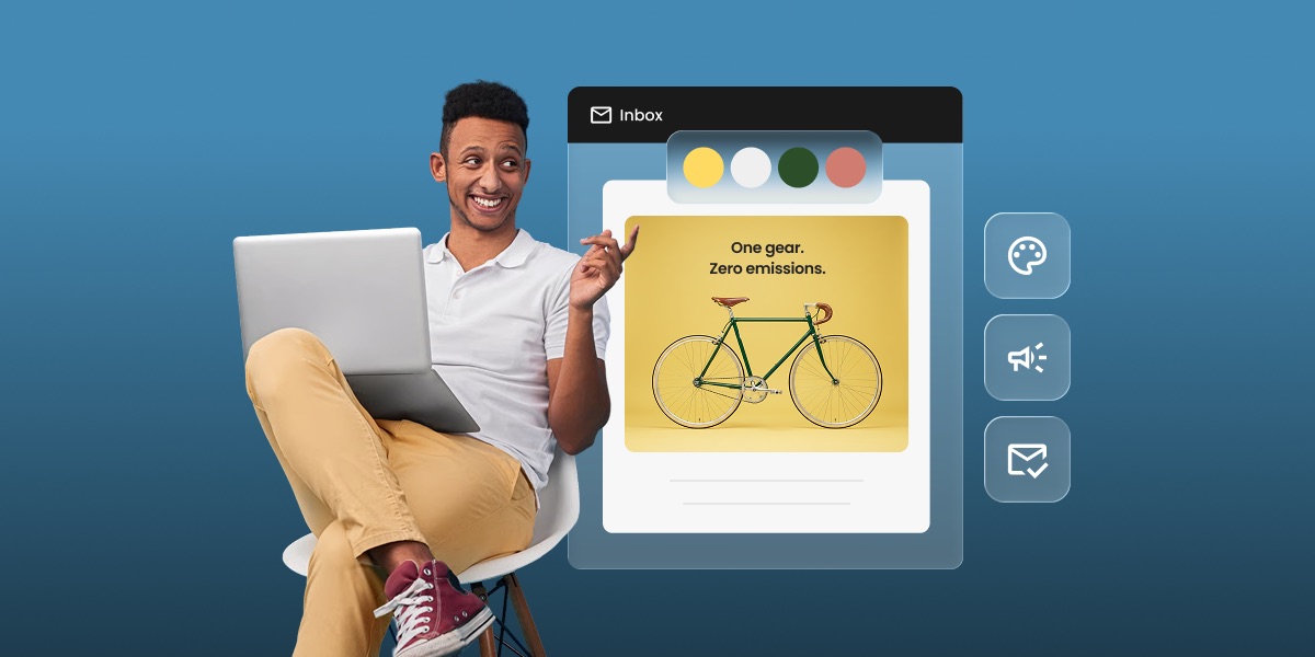 Illustration of an email inbox showing a marketing email with a yellow, white, green, and coral color palette, next to a person smiling at a laptop.