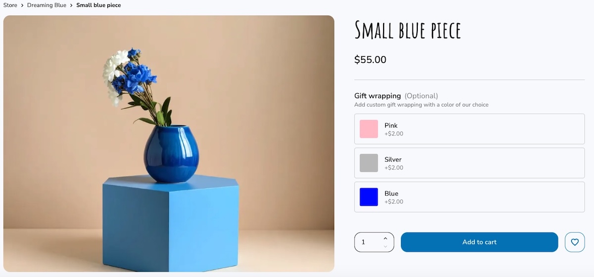Example online gift product with different product add on wrapping options