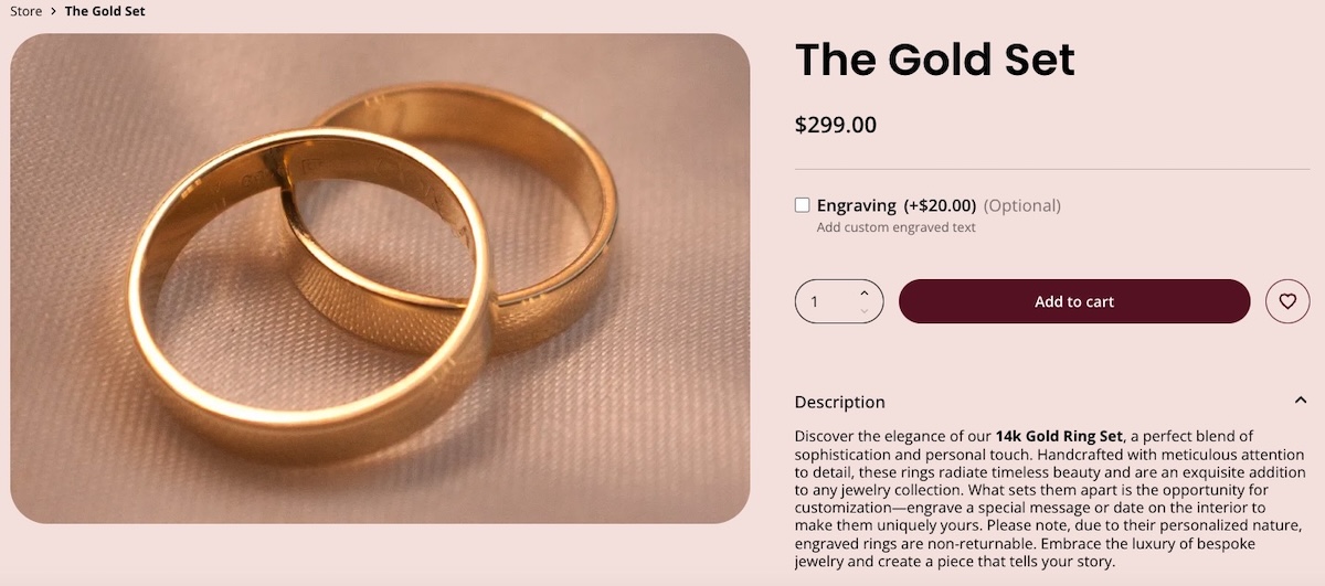 Example of an online product (rings) with made to order product customization