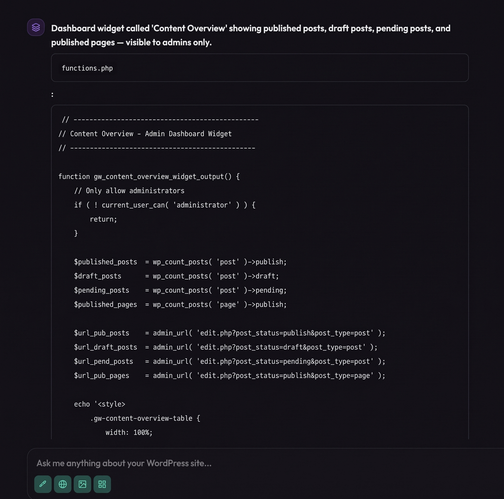 Screenshot of the Genwave Agent dark-mode interface displaying AI-generated PHP code for a custom WordPress dashboard widget.   