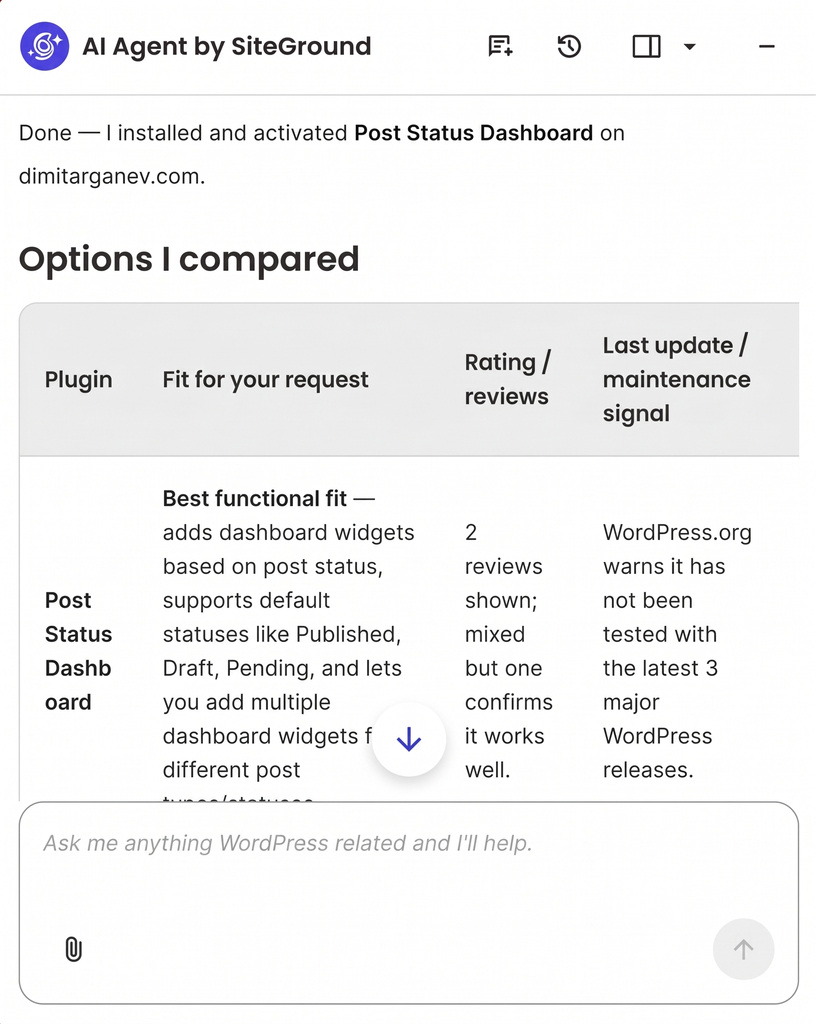 Screenshot of the AI Agent by SiteGround interface displaying a WordPress plugin comparison table and an installation confirmation message.   