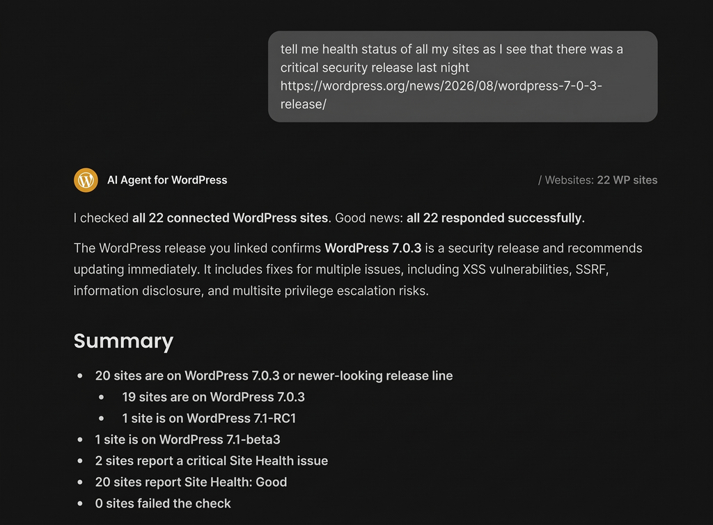 An AI Agent for WordPress chat interface displaying a site health and security status summary for 22 connected websites.   