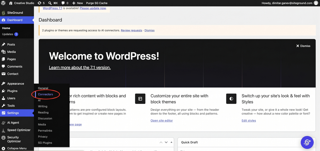 A screenshot of the WordPress admin dashboard with a red oval highlighting the Connectors option in the expanded Settings navigation menu on the left sidebar. A top notification banner reads "2 plugins or themes are requesting access to AI connectors," situated above a central welcome panel featuring the headline "Welcome to WordPress!" and a link to learn more about version 7.1.