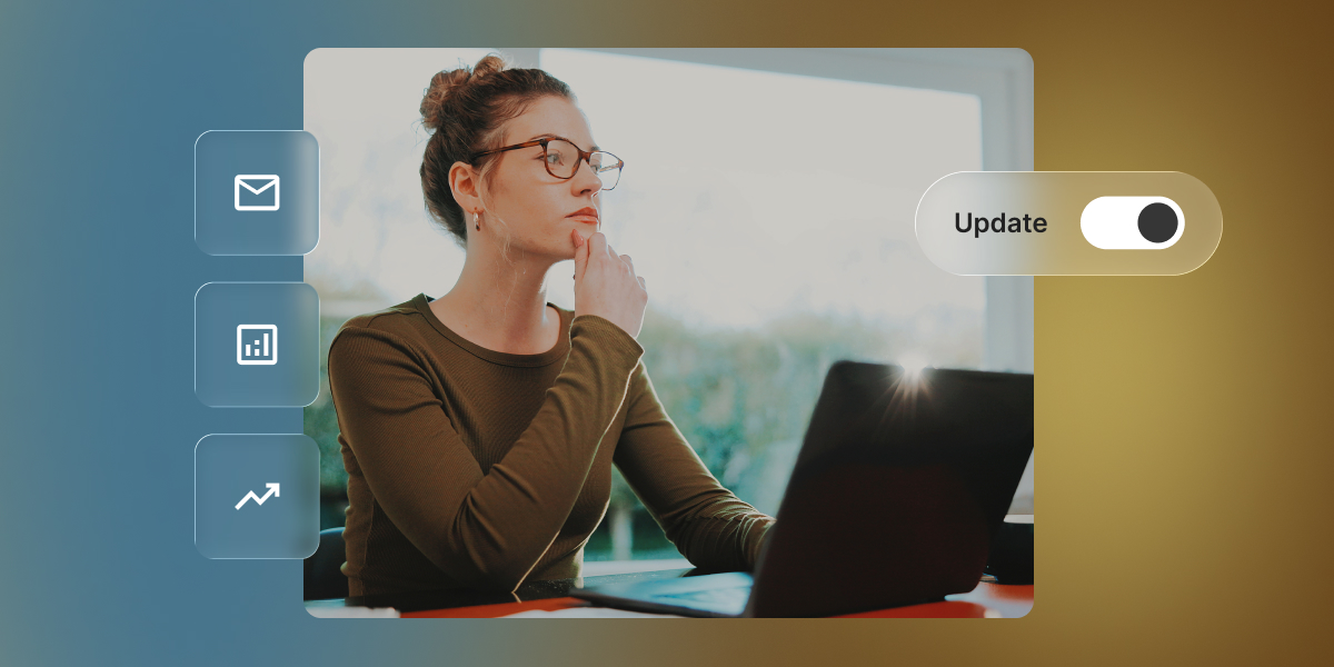 Woman at a laptop looking thoughtful, with icons for email, analytics, and growth trends beside her, next to a toggle switch labeled "Update."