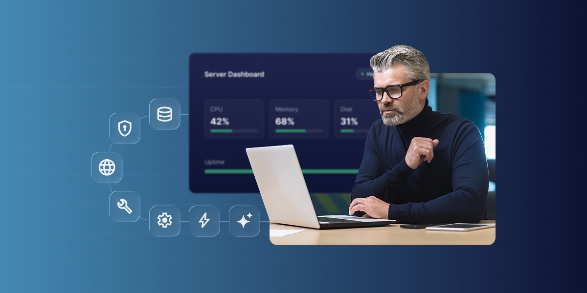 Man using a laptop in front of a server dashboard with website security, database, performance, and configuration icons