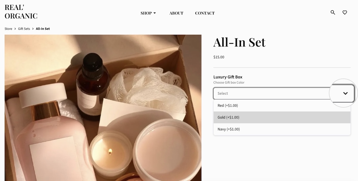 Product page with product add on customization