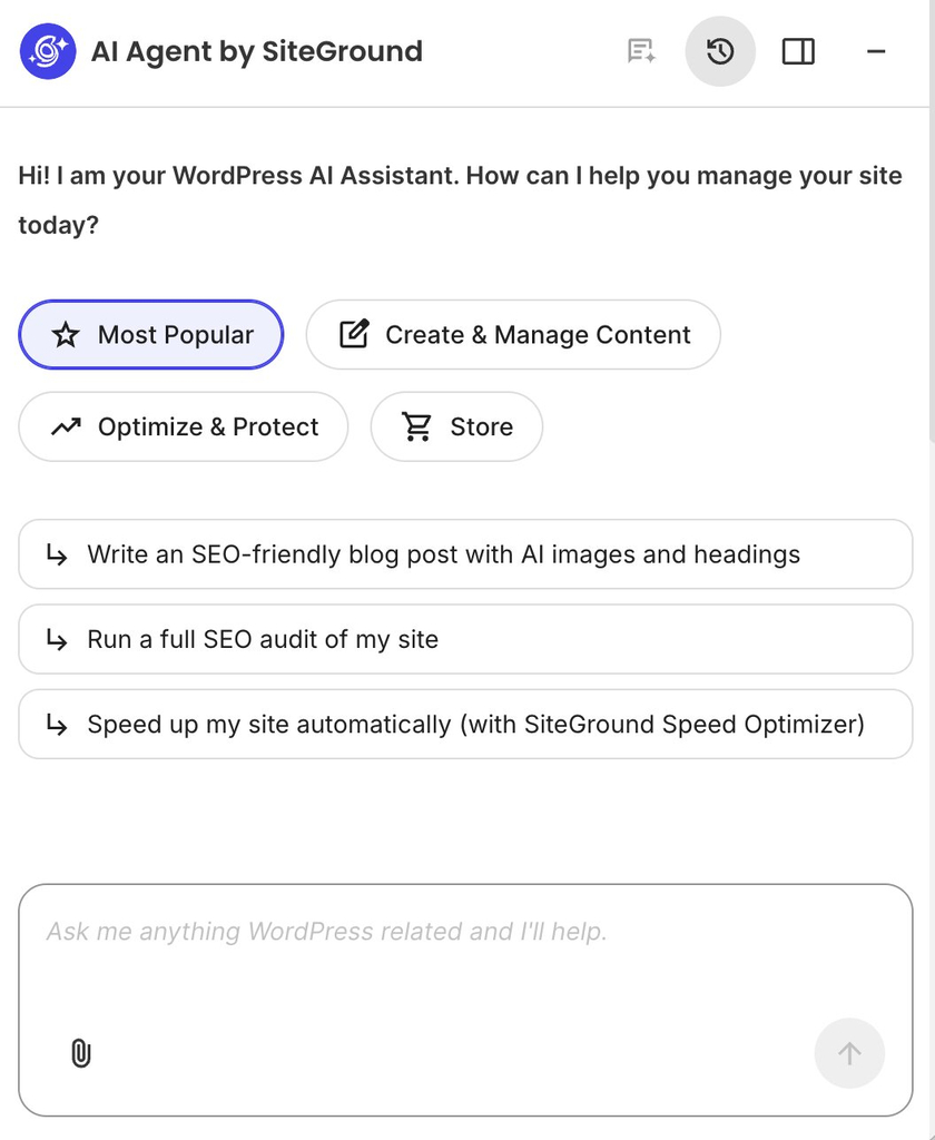 Interface of the AI Agent by SiteGround displaying category options and quick prompt suggestions for managing a WordPress site.