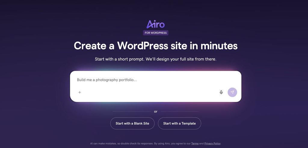 Interface of Airo for WordPress featuring a prompt box reading "Build me a photography portfolio..." under the headline "Create a WordPress site in minutes."