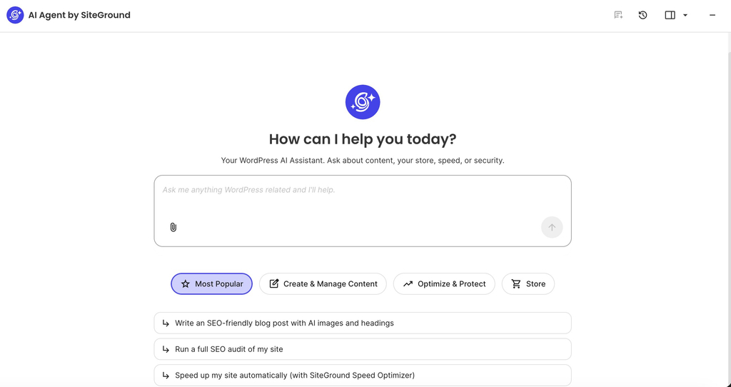 Interface of the AI Agent by SiteGround displaying the prompt "How can I help you today?" above a chat input box and quick action categories.