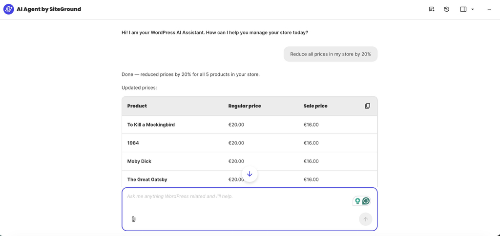 Interface of AI Agent by SiteGround confirming a 20% price reduction across store products alongside a table displaying updated prices.