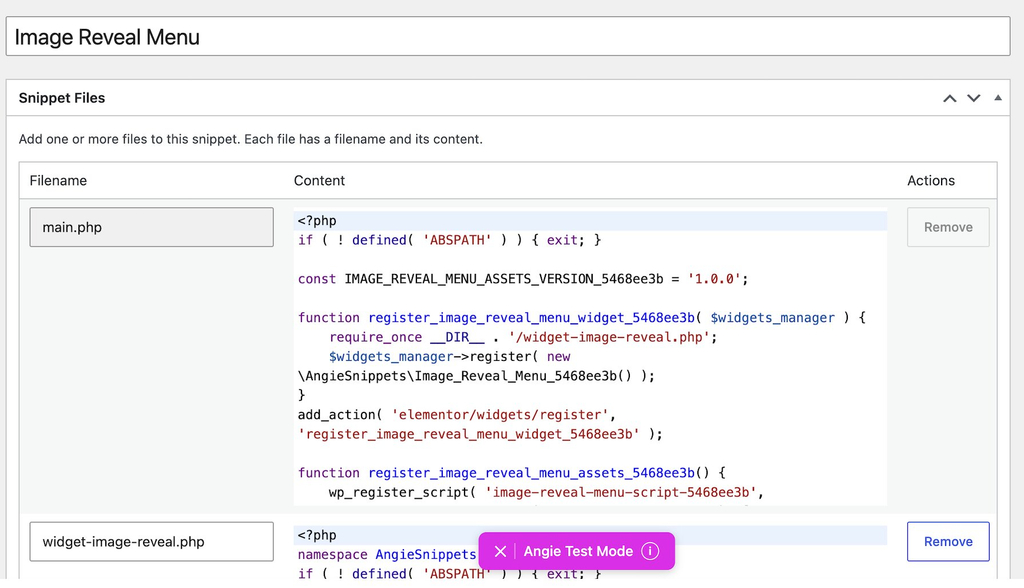 A code snippet management interface displaying PHP code for registering an "Image Reveal Menu" widget.   