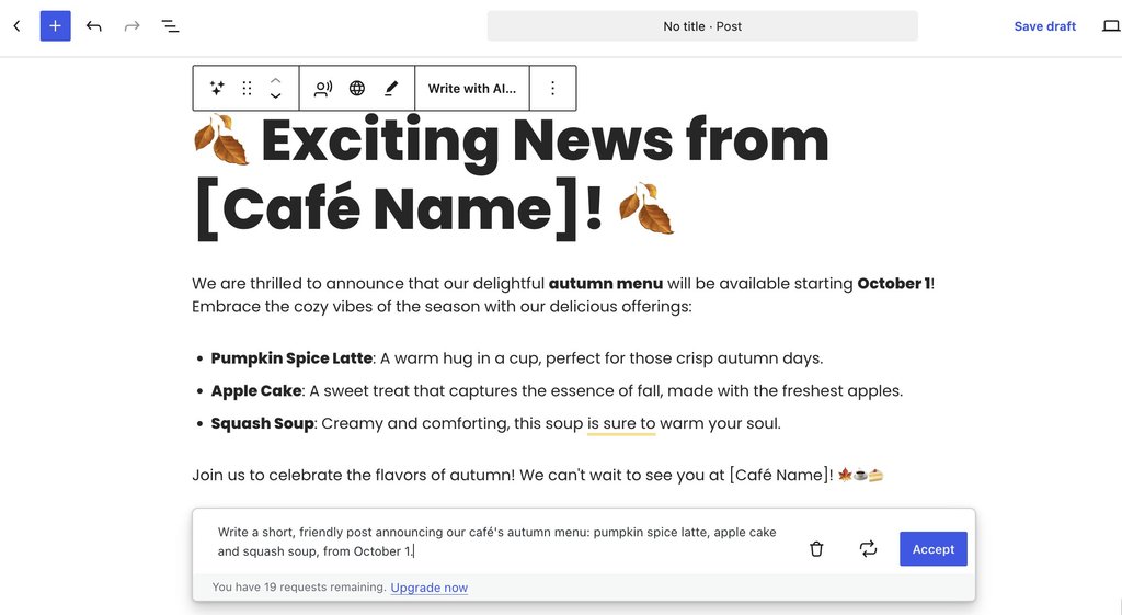 A WordPress block editor interface displaying AI-generated draft content for a café's autumn menu.   