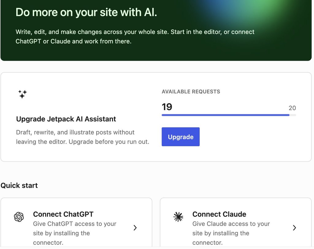 Screenshot of the Jetpack AI dashboard displaying request usage and options to connect ChatGPT or Claude.