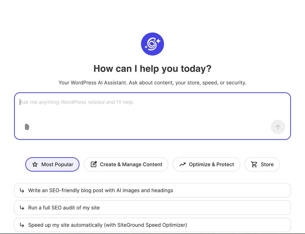Screenshot of the AI Agent by SiteGround welcome screen featuring a prompt input box and suggested quick actions.   
