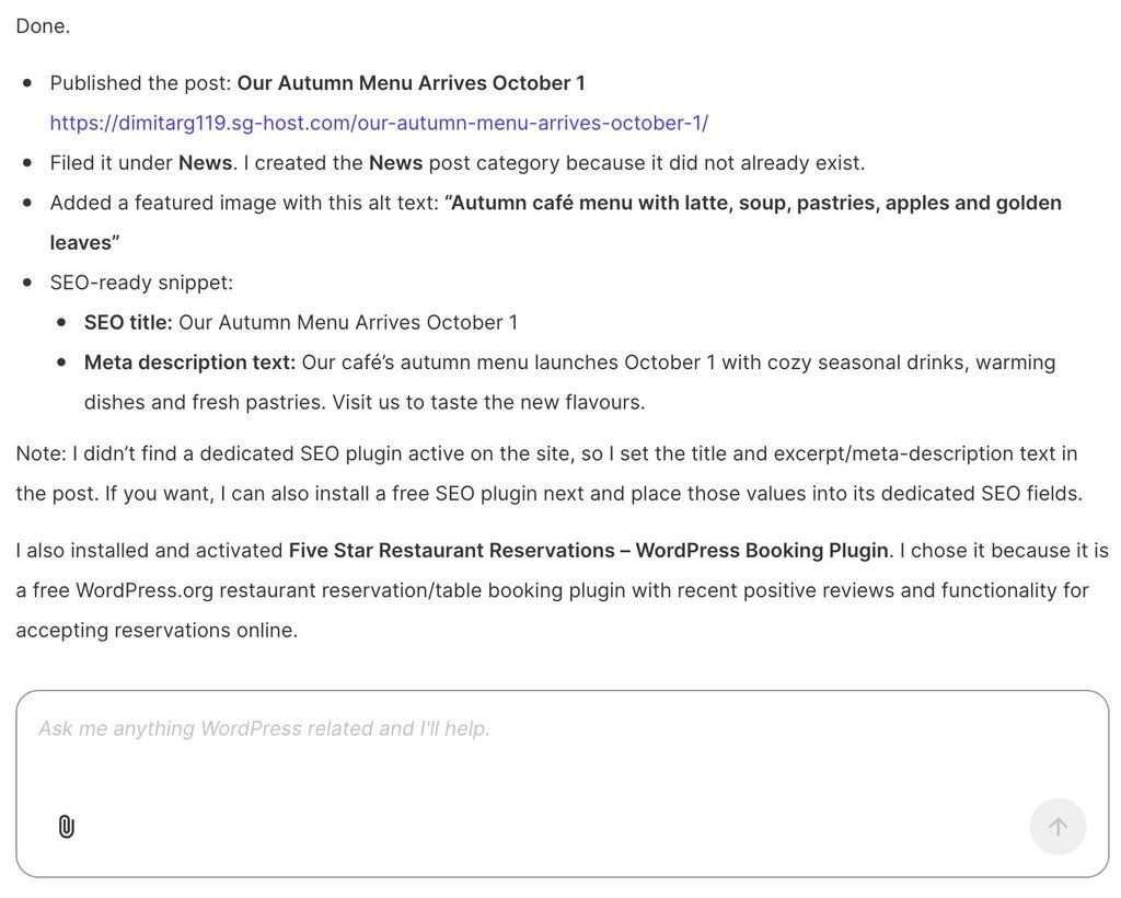 Screenshot of the AI Agent by SiteGround interface displaying confirmation details for a published WordPress post and plugin installation.   