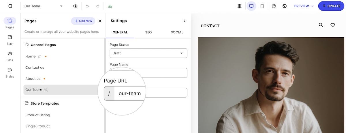 SiteGround Website Builder with easy to edit page URLs