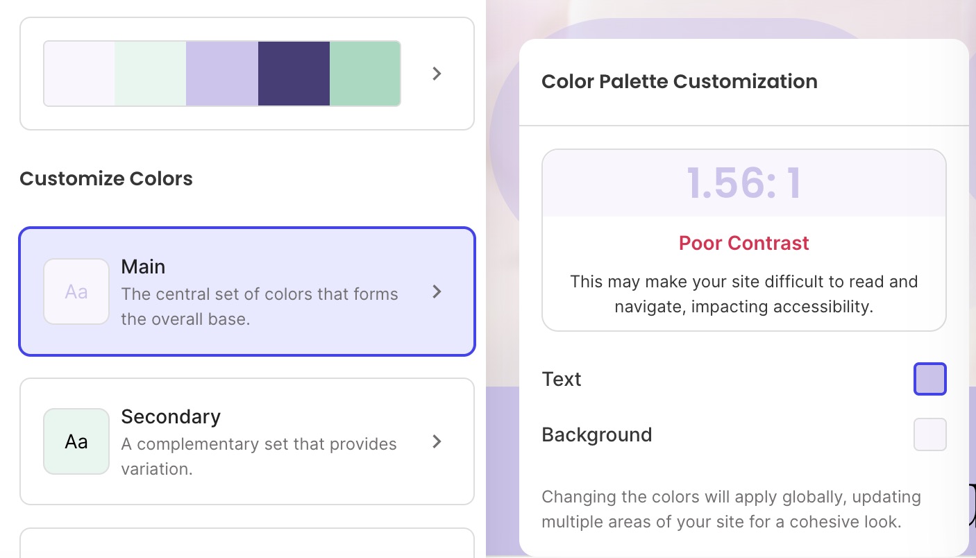 SiteGround Website Builders color palette tool that checks for color contrast