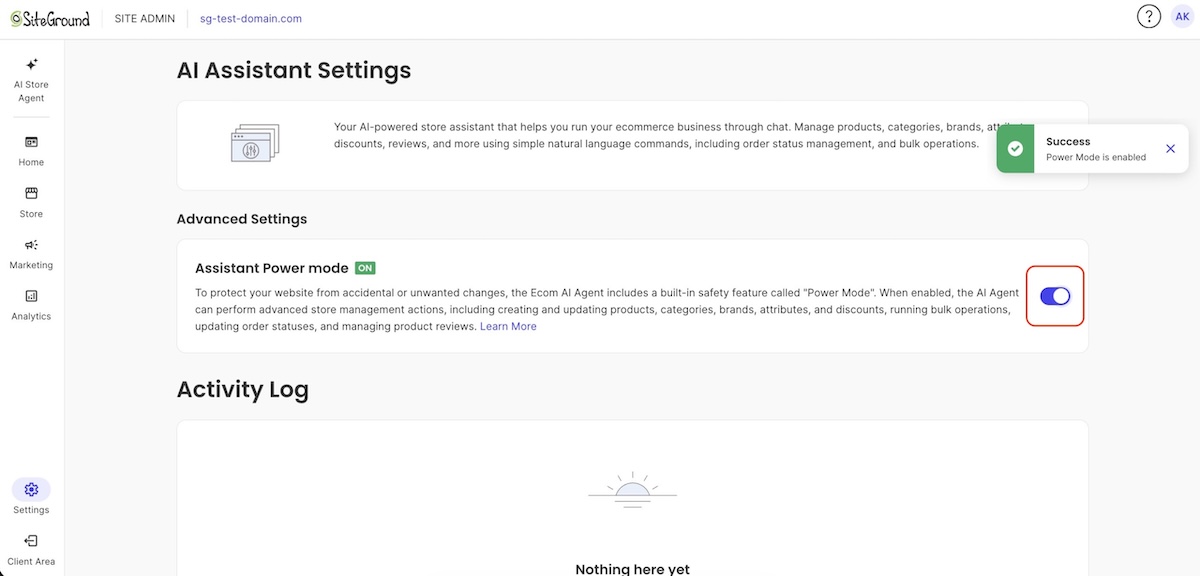 Turning on Power Mode with SiteGround Ecommerce AI Store Manager