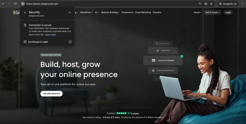 Chrome showing a secure connection and valid SSL certificate for SiteGround.com