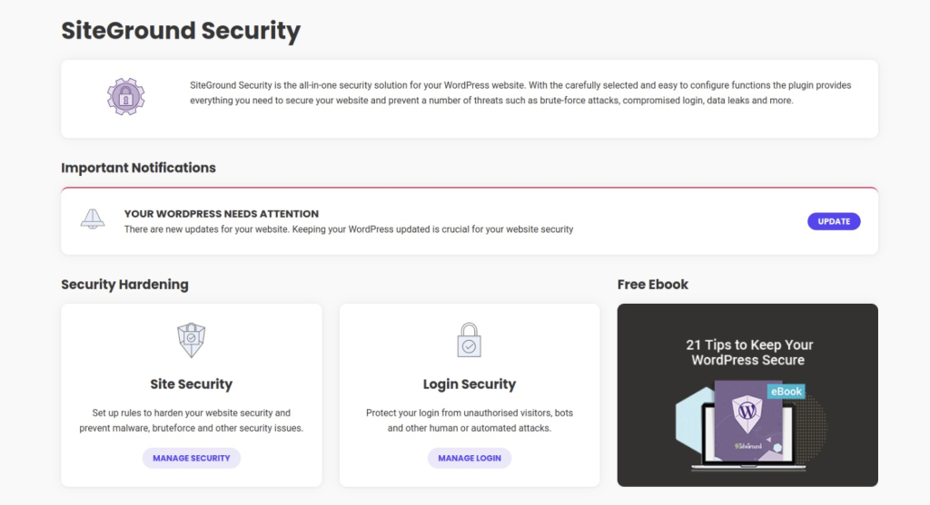 SiteGround Security plugin dashboard with security hardening, login security, and WordPress update options