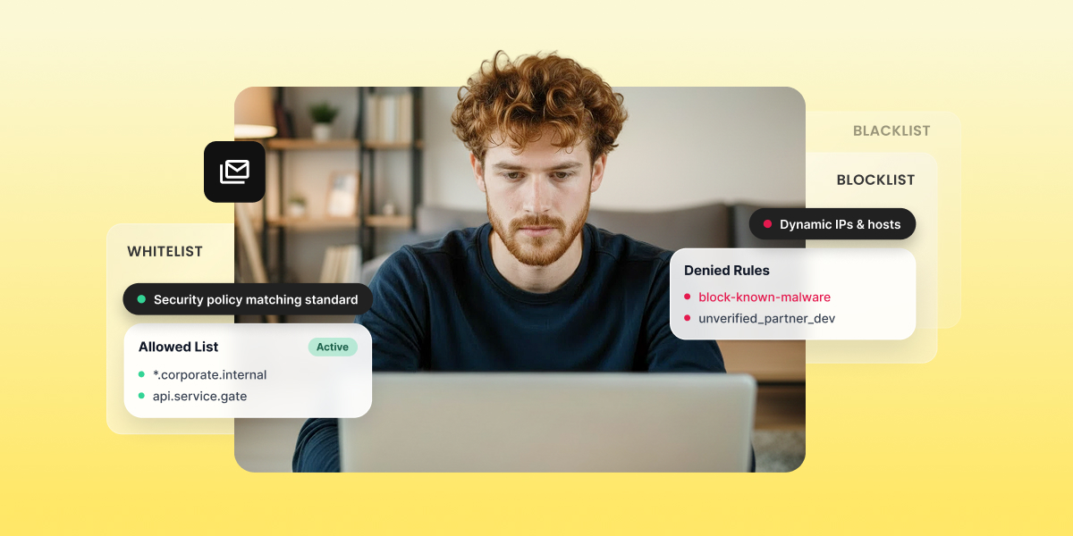 Illustration comparing whitelist, blacklist, and blocklist concepts with allowed and denied rule examples for email security