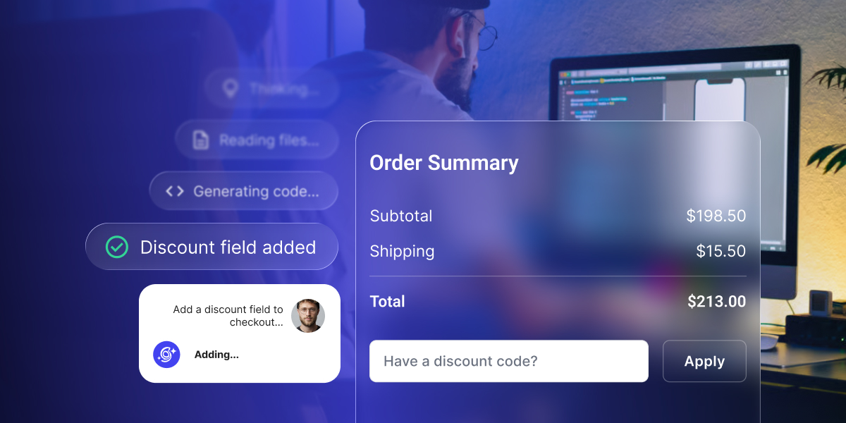 An illustration of a person working at a computer with UI overlays showing an AI assistant adding a discount code field to an order summary.