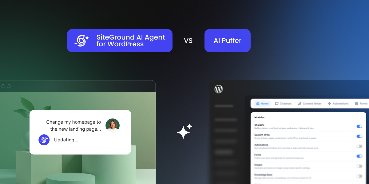 A visual comparison graphic contrasting the SiteGround AI Agent for WordPress interface with the AI Puffer module dashboard.
