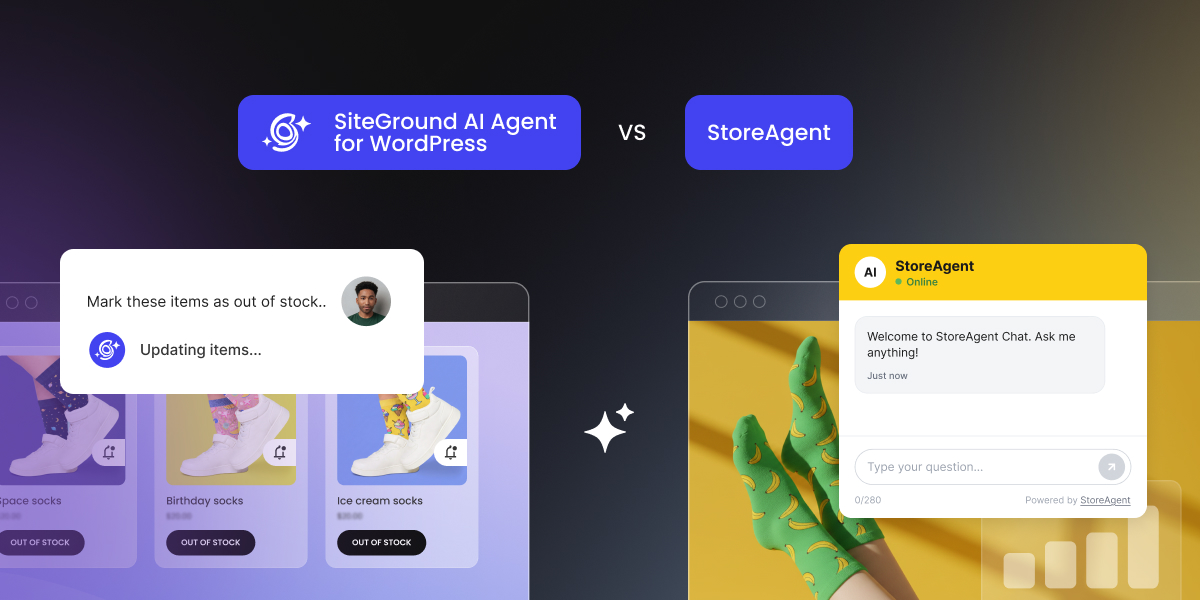A comparison graphic between SiteGround AI Agent for WordPress and StoreAgent, showing interface examples for both e-commerce AI tools.