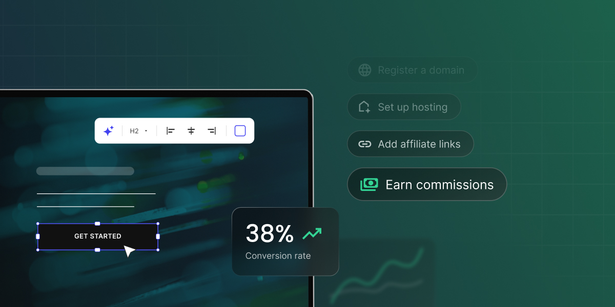 Laptop showing a website editor beside steps to register a domain, set up hosting, add affiliate links, and earn commissions
