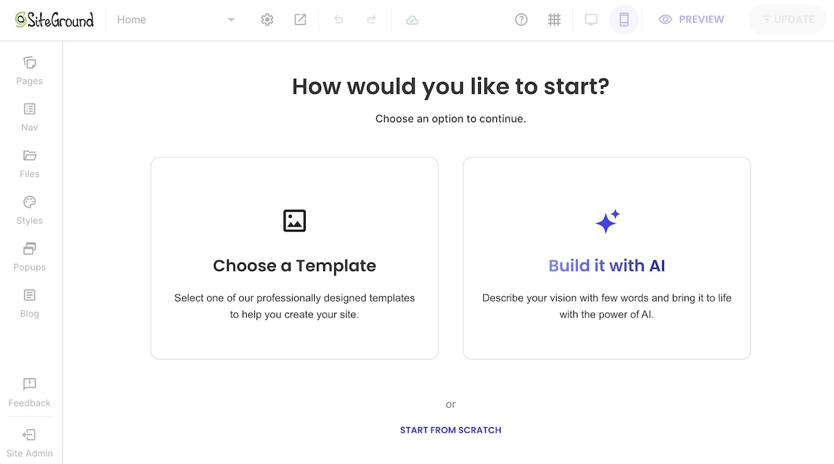 Building a website using AI or a template via the SiteGround Website Builder
