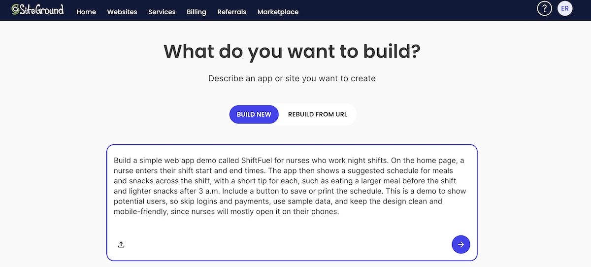 Coderick AI chat field for creating your own web app