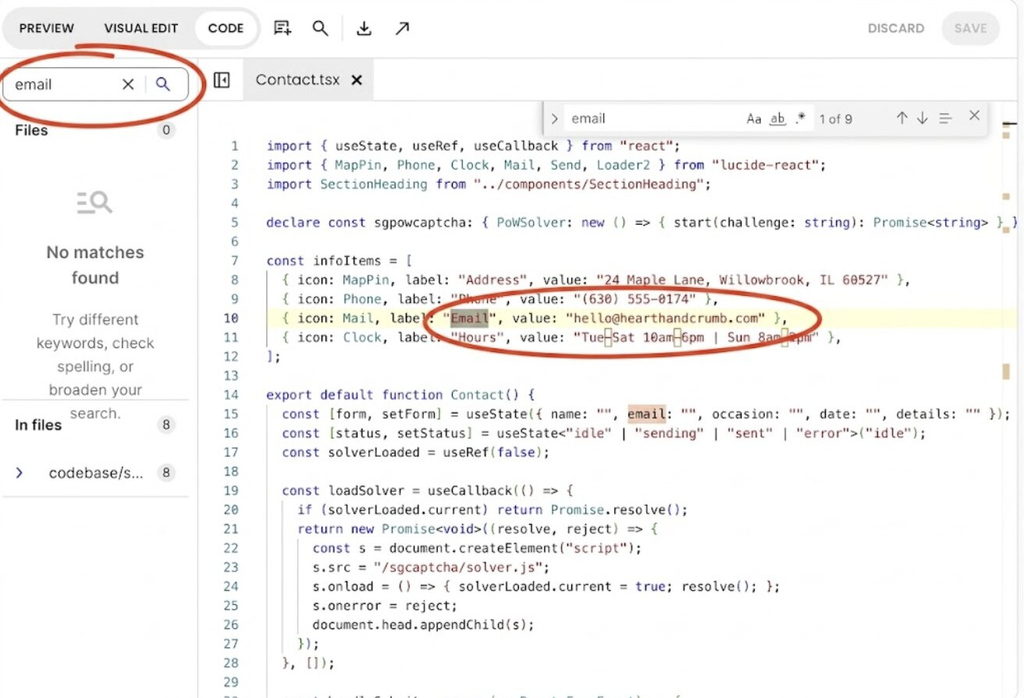 Screenshot of a code editor displaying the Contact.tsx file, with red circles highlighting the search bar and the email line in the code.   