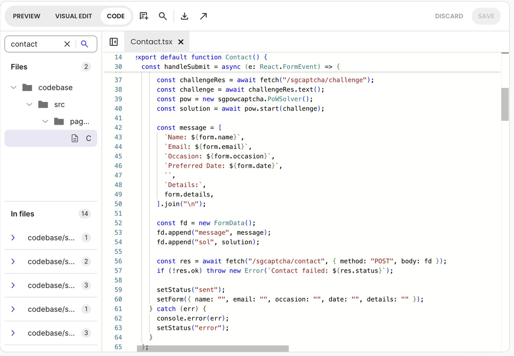 Screenshot of the Coderick AI code editor displaying the Contact.tsx file with anti-spam captcha verification logic inside the handleSubmit function.   