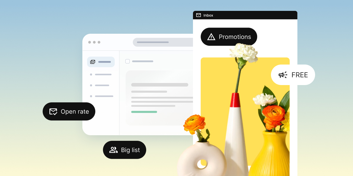 Email inbox mockup tagged “Open rate,” “Big list,” “Promotions,” and “FREE,” representing common email marketing myths, with flowers in vases.