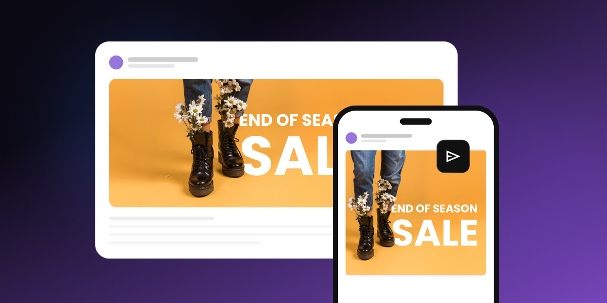 An "End of Season Sale" email banner with an orange background and black boots filled with daisies, shown on a desktop email layout and a smartphone screen to compare how the banner displays on each device.