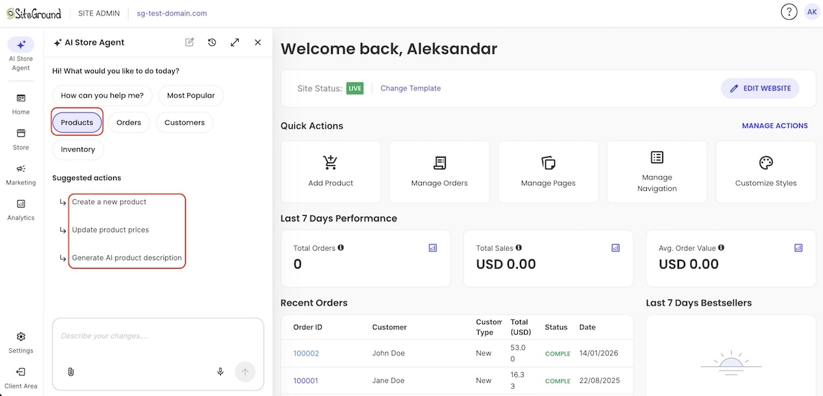 Example of an AI store agent that can create and update products