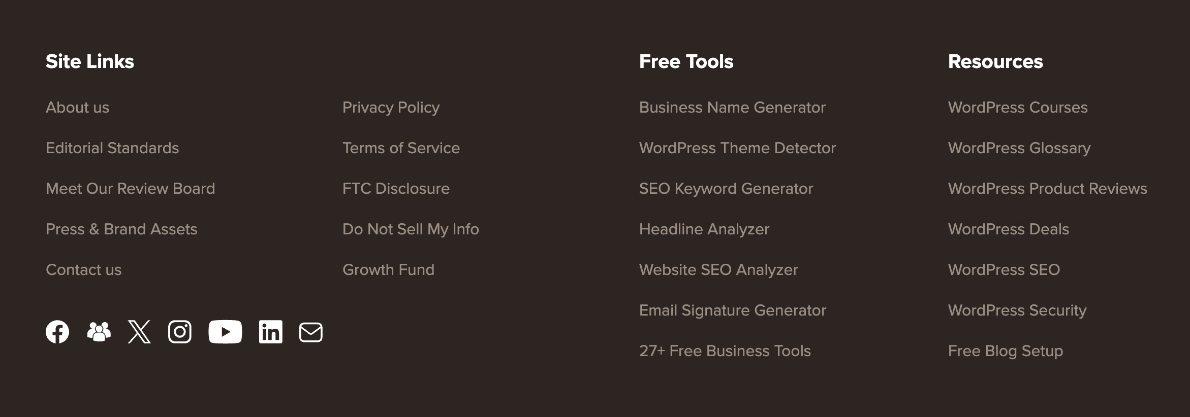 A screenshot of a website footer, displaying organized columns of links for site navigation, legal policies, free tools, and resources, accompanied by social media icons (Facebook, Twitter/X, Instagram, YouTube, LinkedIn, and Email).