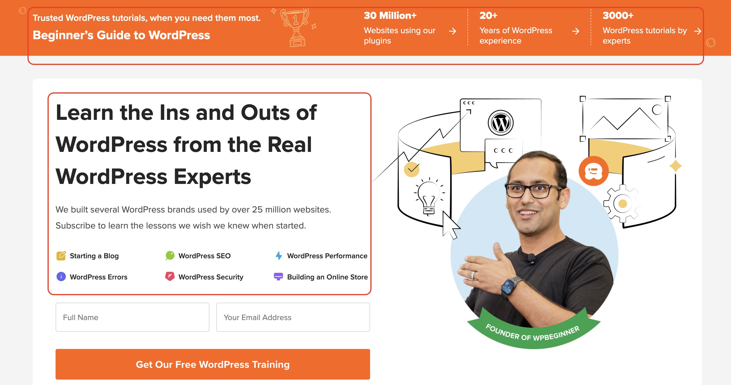 A screenshot of the "Beginner's Guide to WordPress" homepage, featuring a large orange banner highlighting expert WordPress tutorials, quick links to core topics (Starting a Blog, SEO, Performance, Security), an email subscription form, and a portrait of the founder.